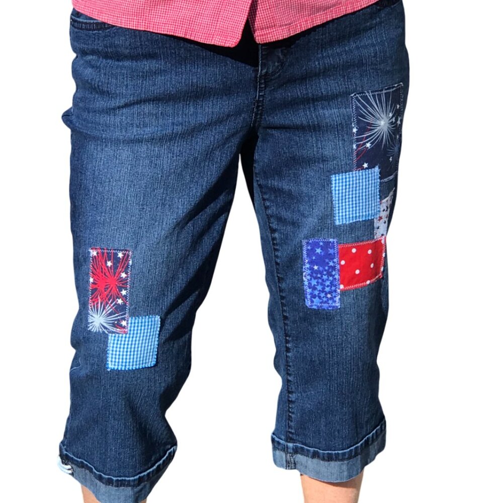 Upcycled Patchwork Jean Capris, Patriotic Theme Cropped Pants 4th of July Sz 12P